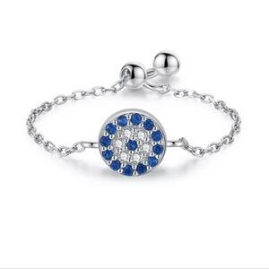 925 Sterling Silver Platinum Plated Blue Eye Chain Ring